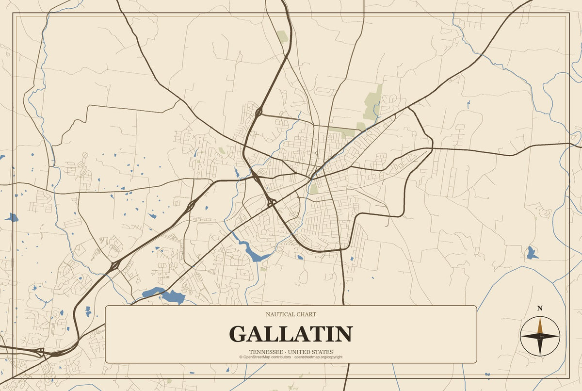 Gallatin, Tennessee City Map Aluminum Sign in Heritage Nautical style