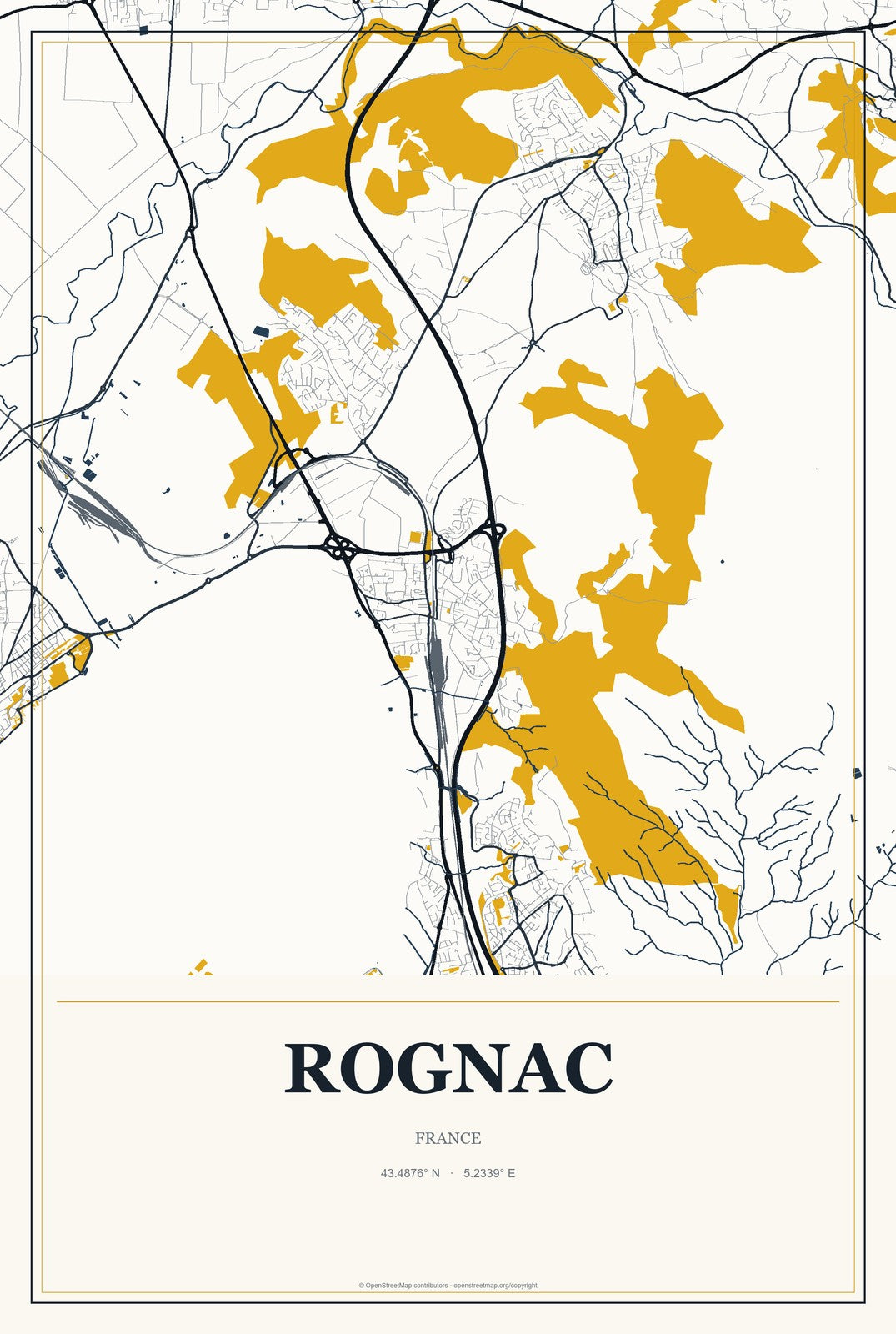 Rognac, France City Map Aluminum Sign in Citrine Modern style