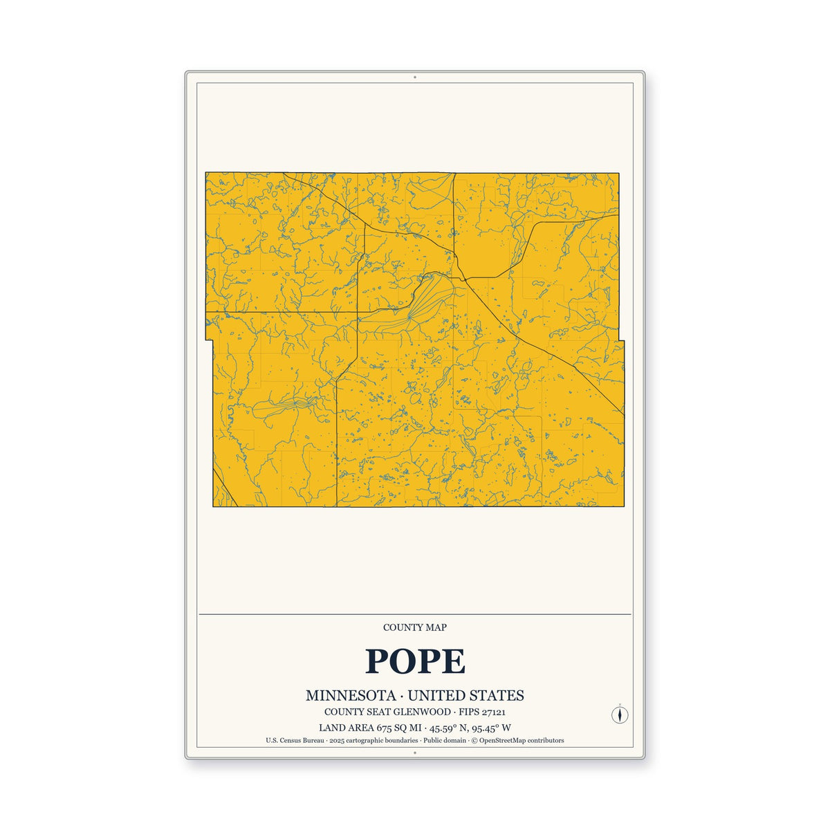 Pope County, Minnesota Map Aluminum Sign in Citrine Modern style