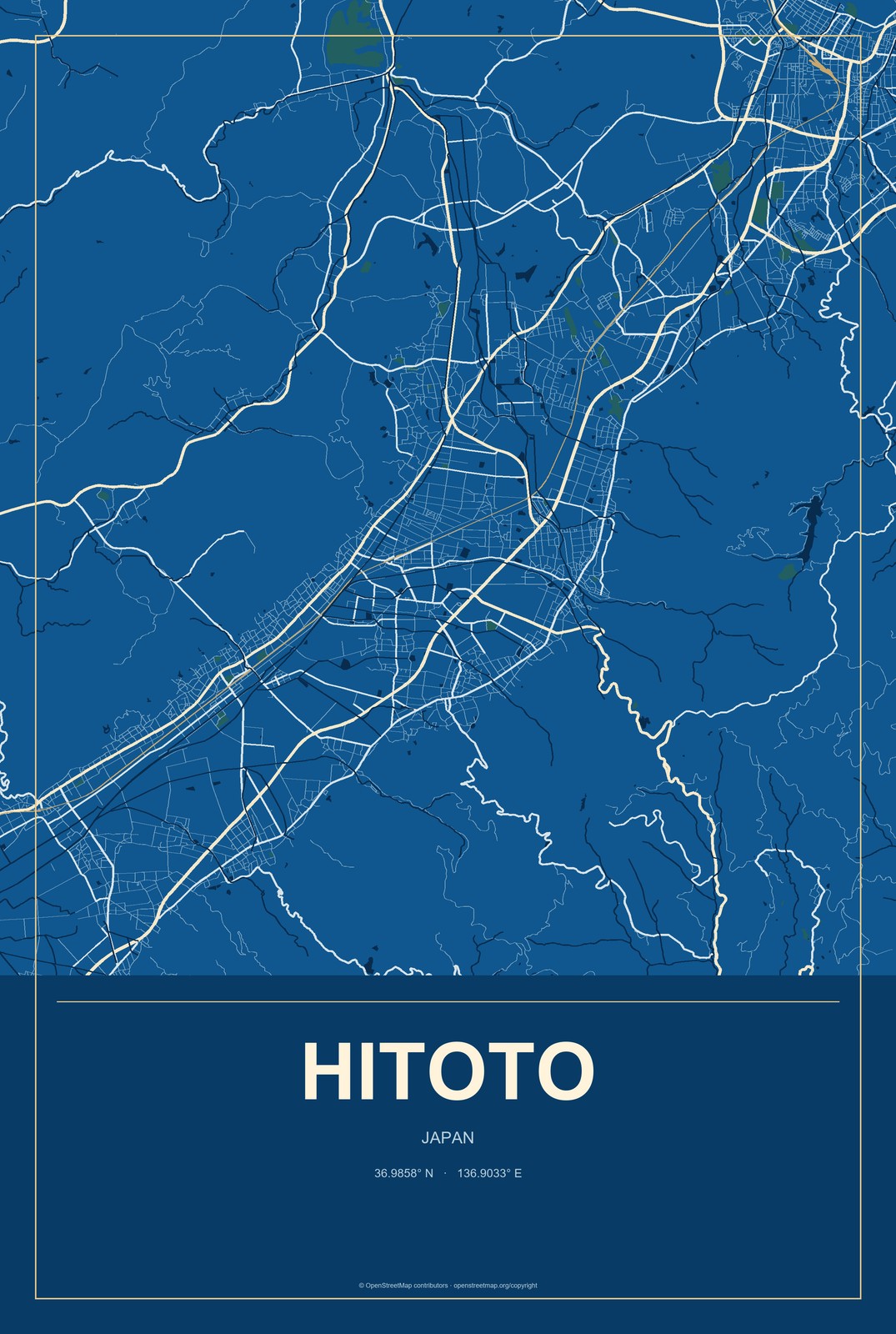 Hitoto, Japan City Map Aluminum Sign in Harbor Cobalt style