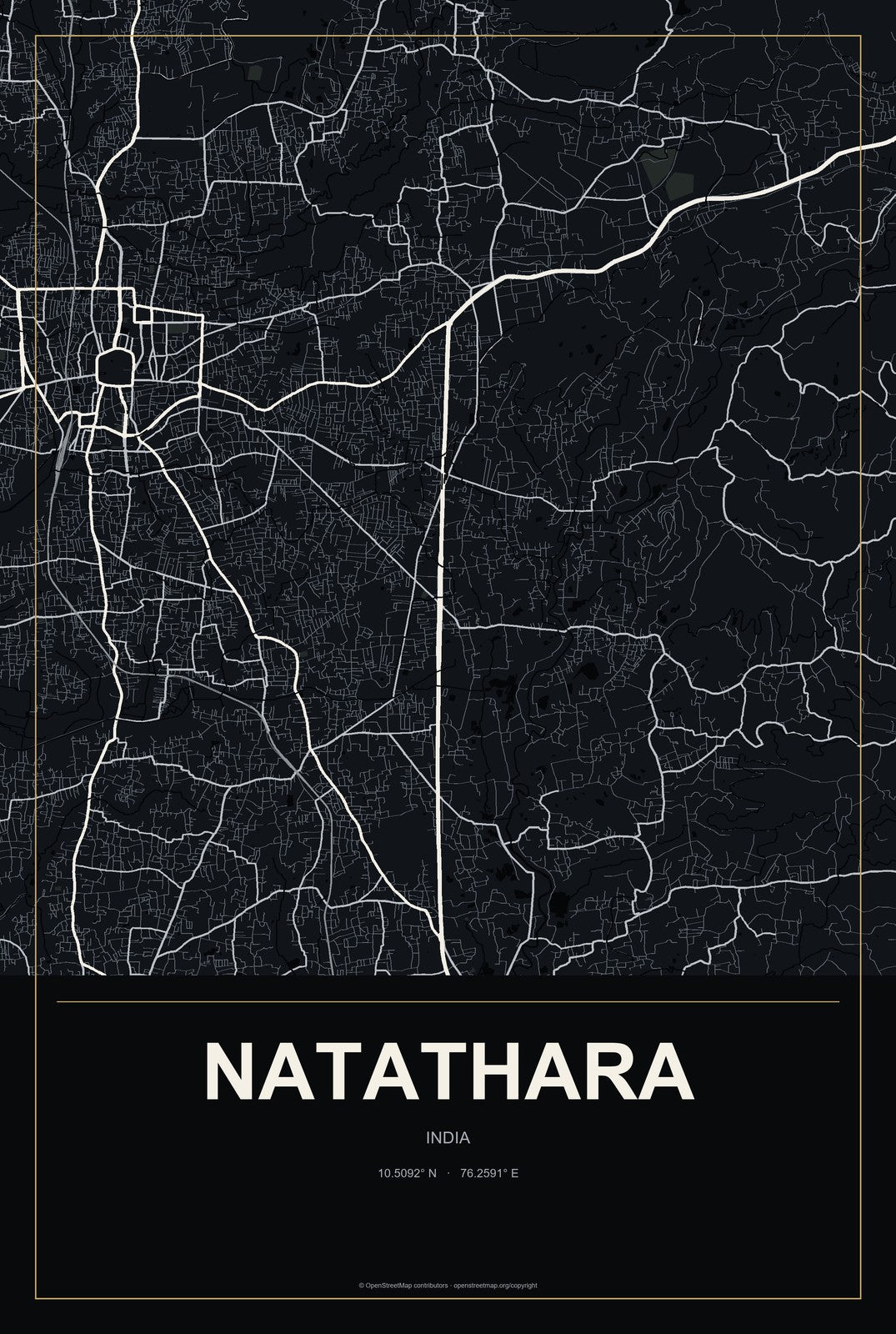 Natathara, India City Map Aluminum Sign in Metropolitan Noir style