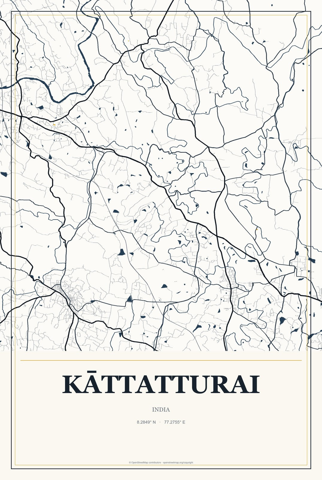 Kāttatturai, India City Map Aluminum Sign in Citrine Modern style