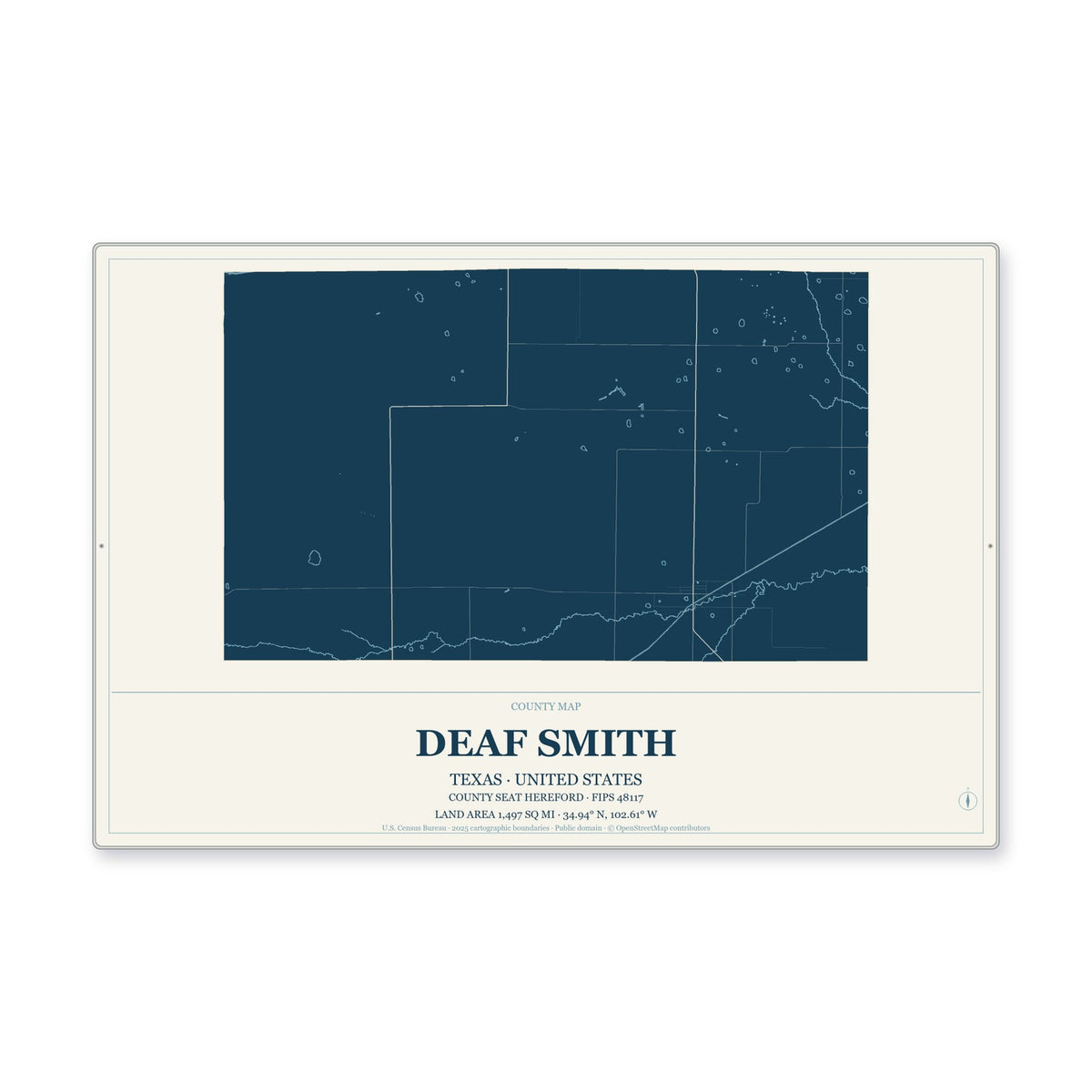 Deaf Smith County, Texas Map Aluminum Sign in Coastal Cutout style