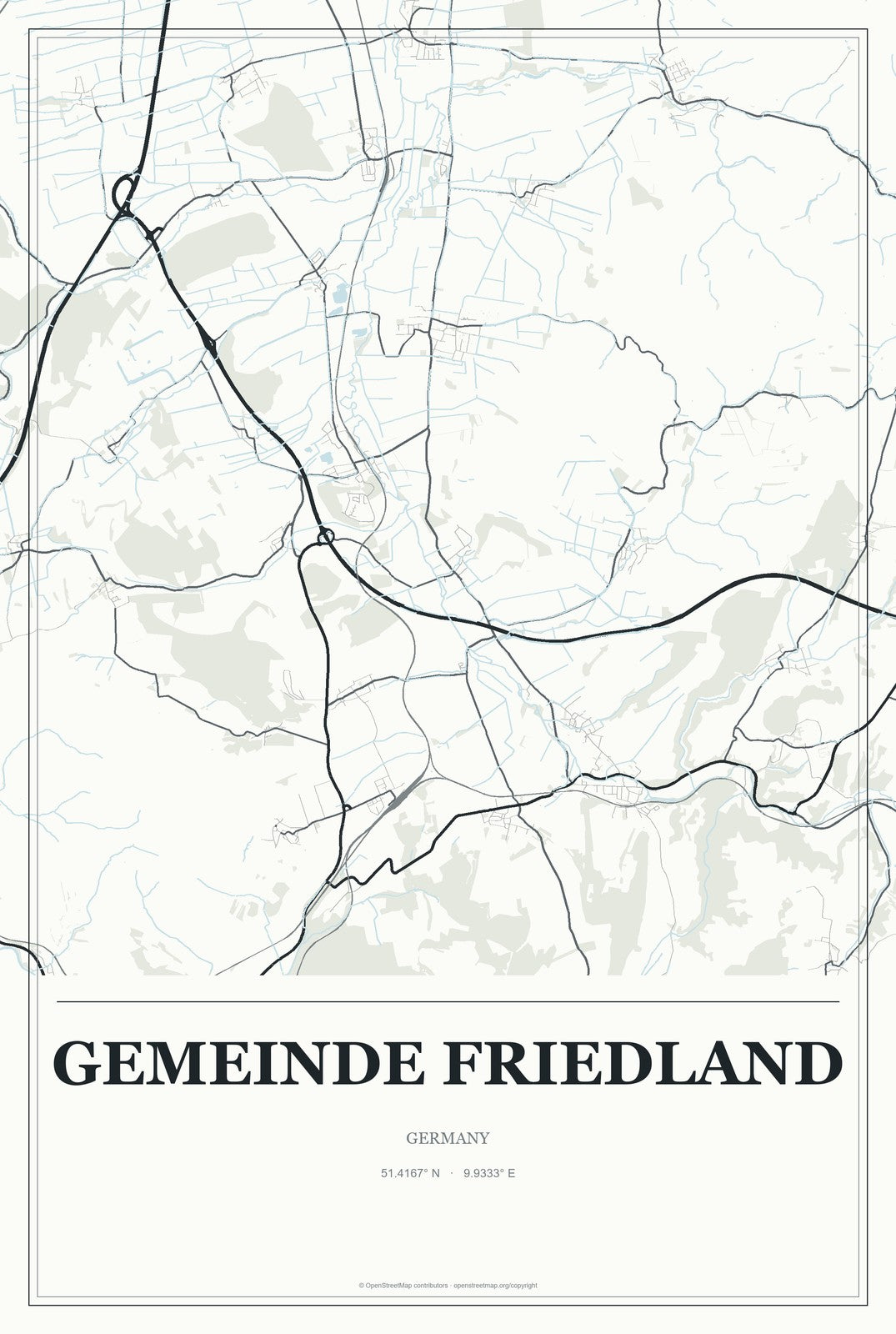 Gemeinde Friedland, Germany City Map Aluminum Sign in Gallery Air style