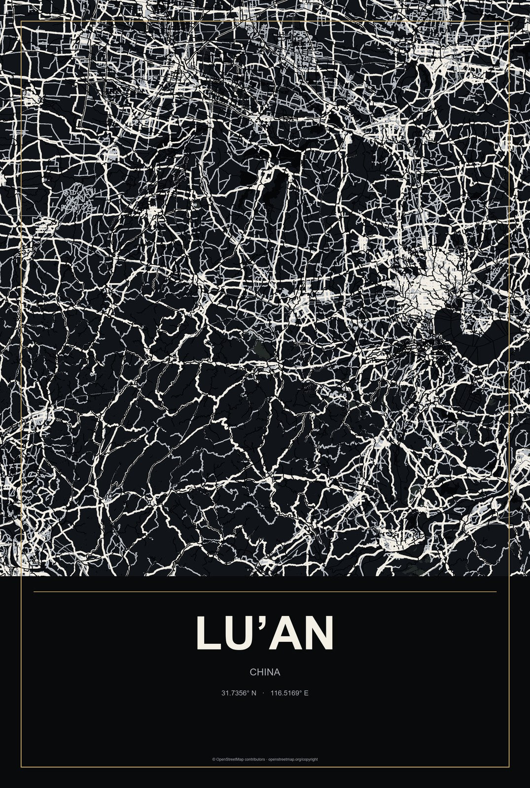 Lu’an, China City Map Aluminum Sign in Metropolitan Noir style