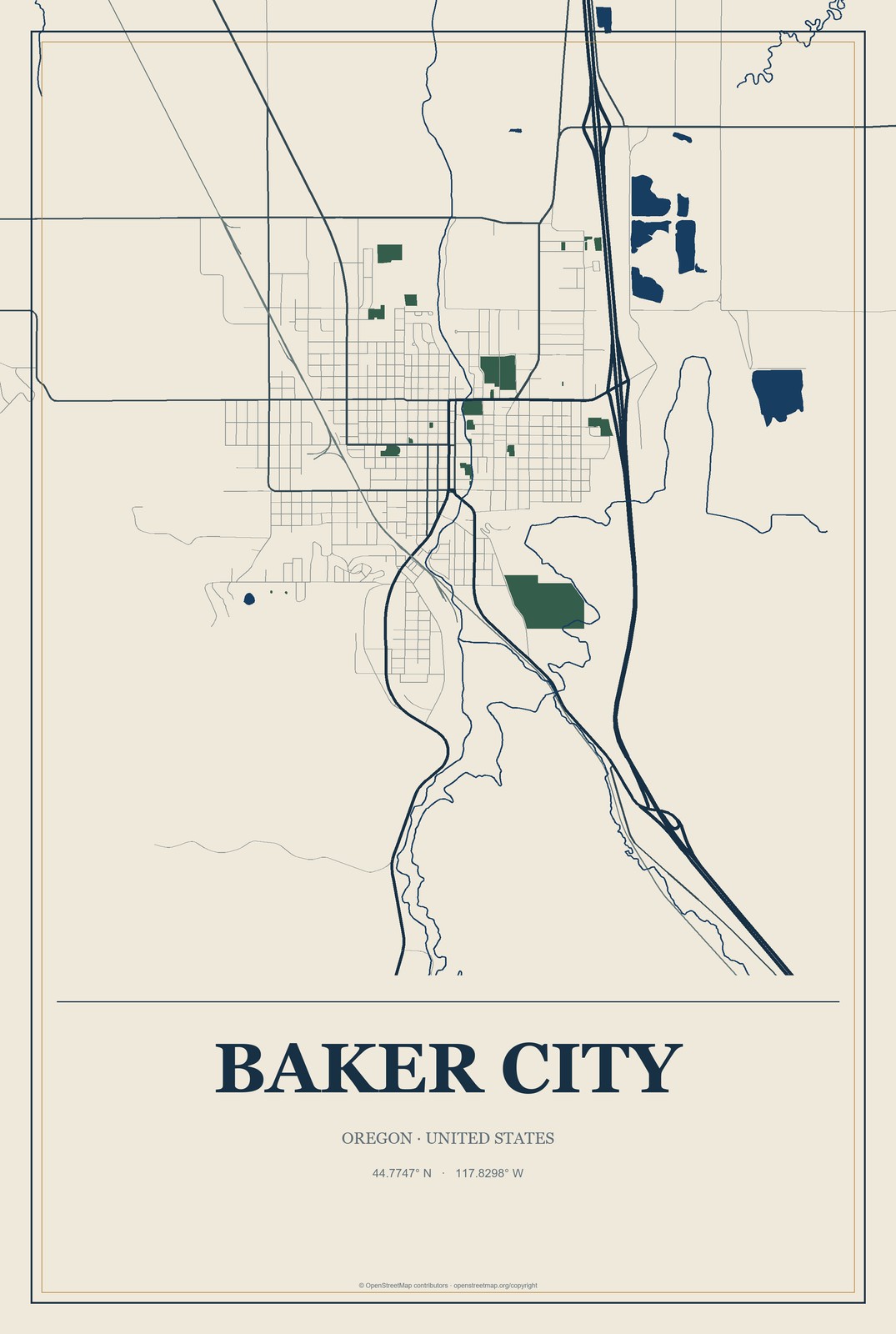 Baker City, Oregon City Map Aluminum Sign in Coastal Cutout style