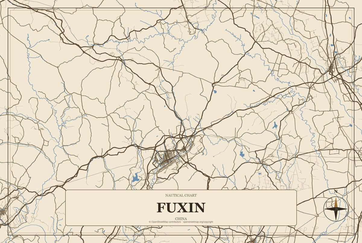 Fuxin, China City Map Aluminum Sign in Heritage Nautical style