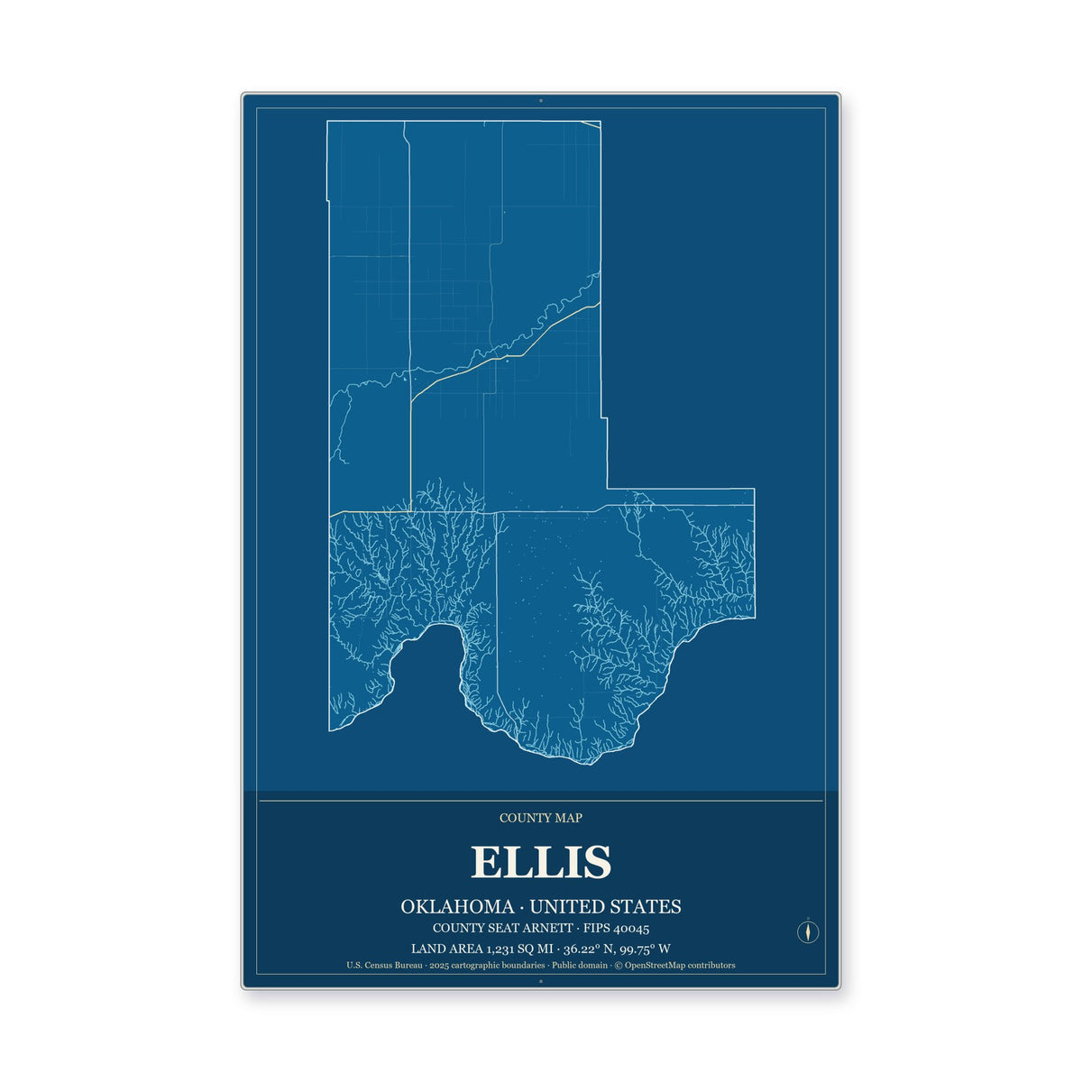 Ellis County, Oklahoma Map Aluminum Sign in Harbor Cobalt style
