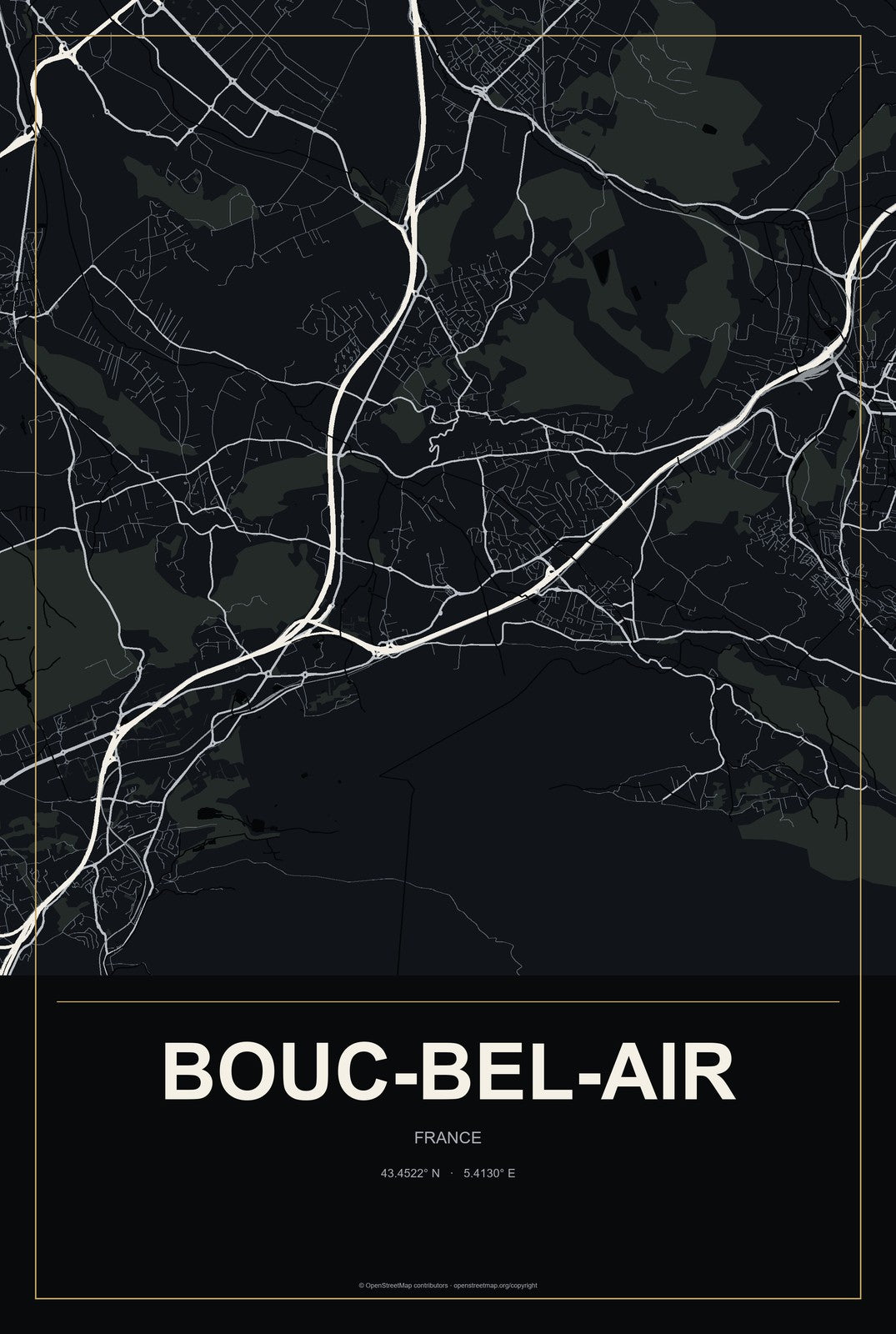 Bouc-Bel-Air, France City Map Aluminum Sign in Metropolitan Noir style