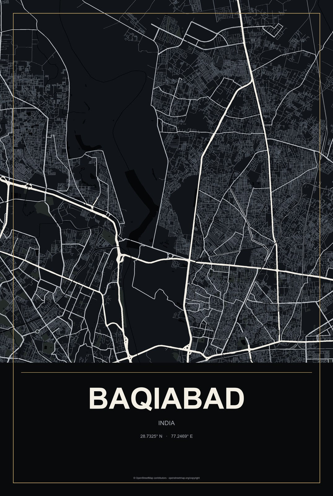 Baqiabad, India City Map Aluminum Sign in Metropolitan Noir style