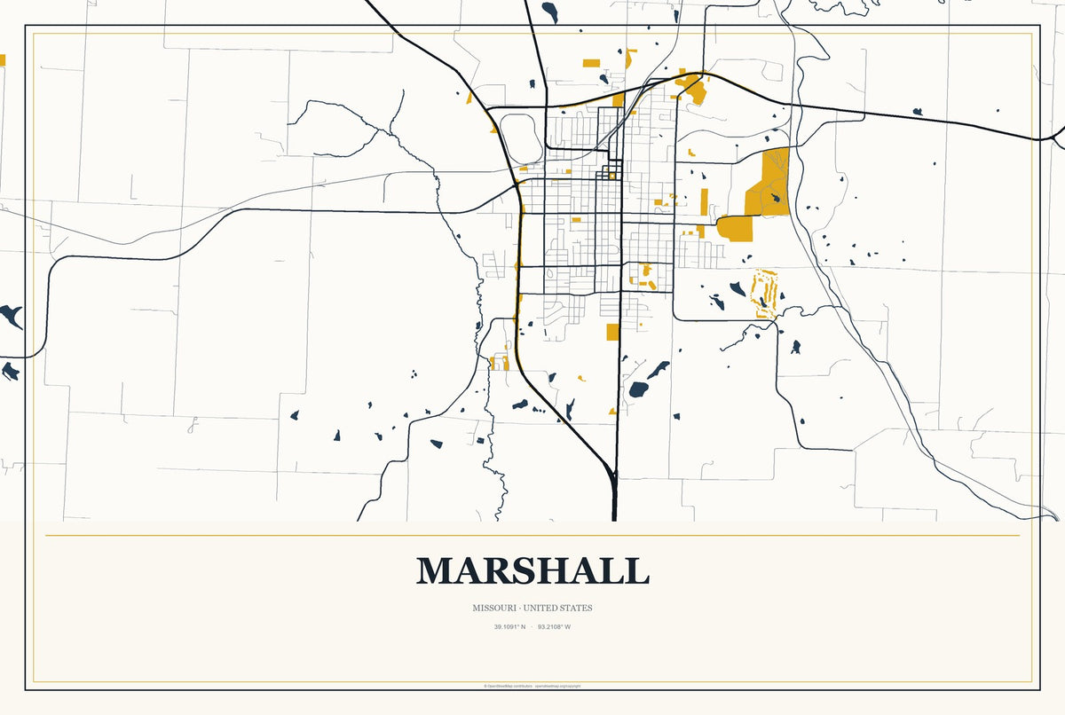 Marshall, Missouri City Map Aluminum Sign in Citrine Modern style
