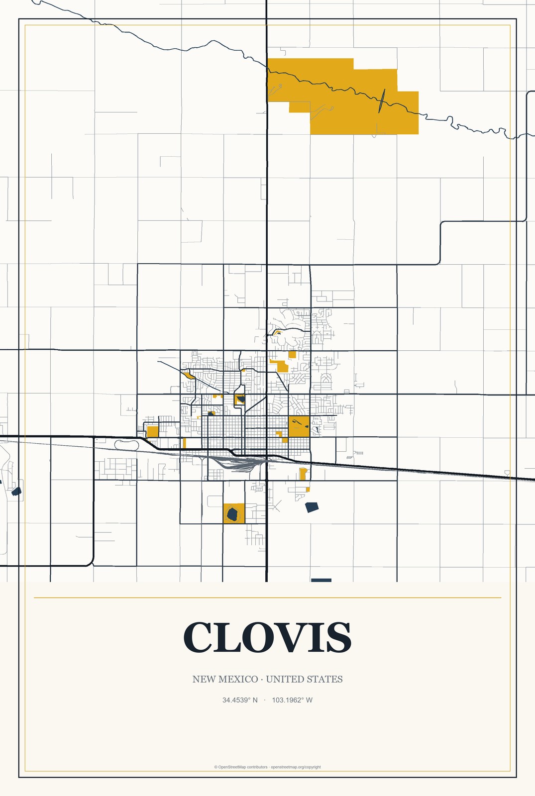 Clovis, New Mexico City Map Aluminum Sign in Citrine Modern style