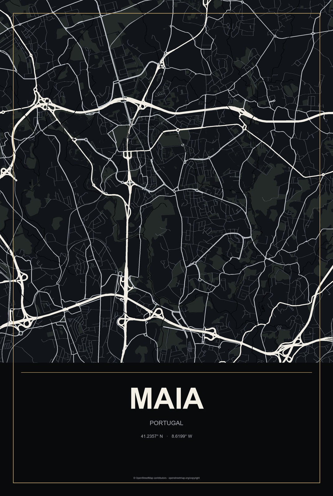 Maia, Portugal City Map Aluminum Sign in Metropolitan Noir style