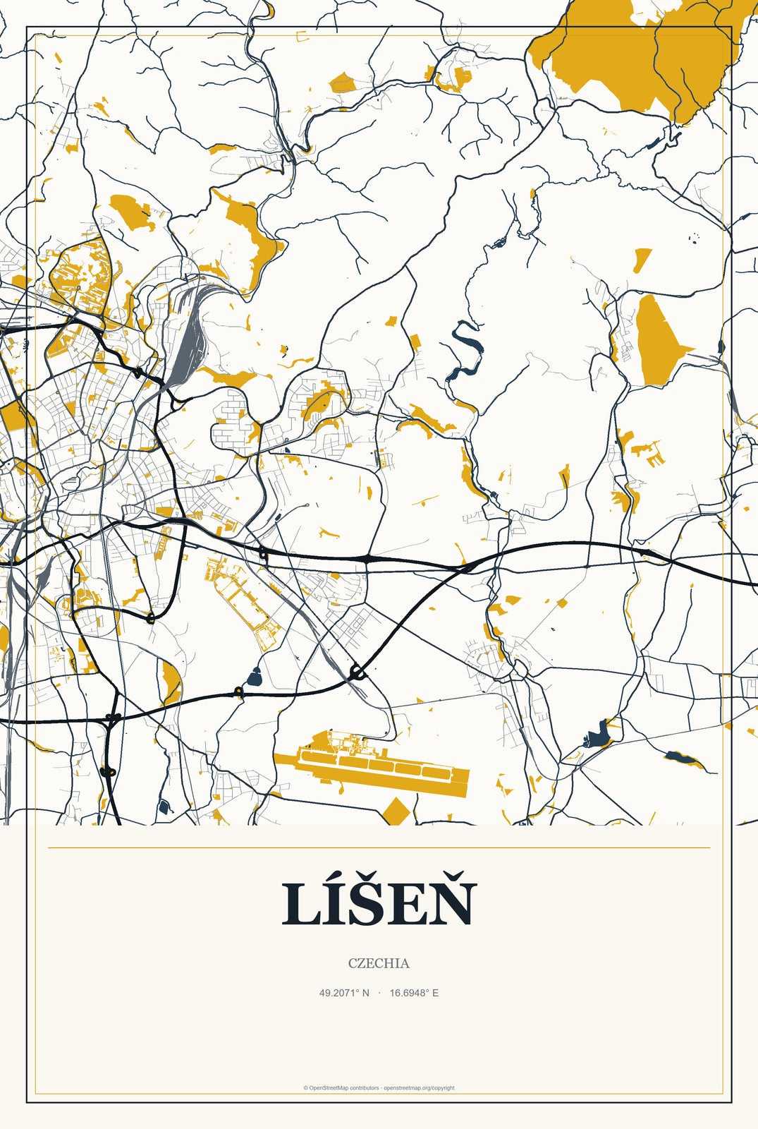 Líšeň, Czechia City Map Aluminum Sign in Citrine Modern style