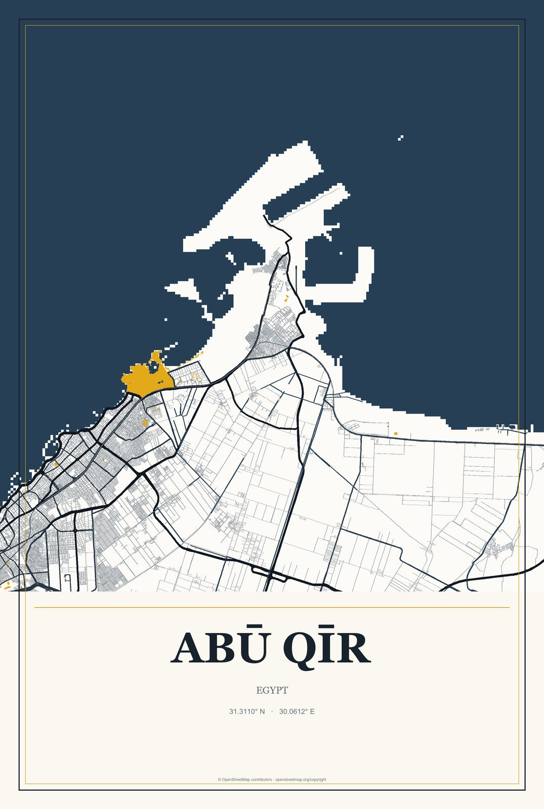 Abū Qīr, Egypt City Map Aluminum Sign in Citrine Modern style