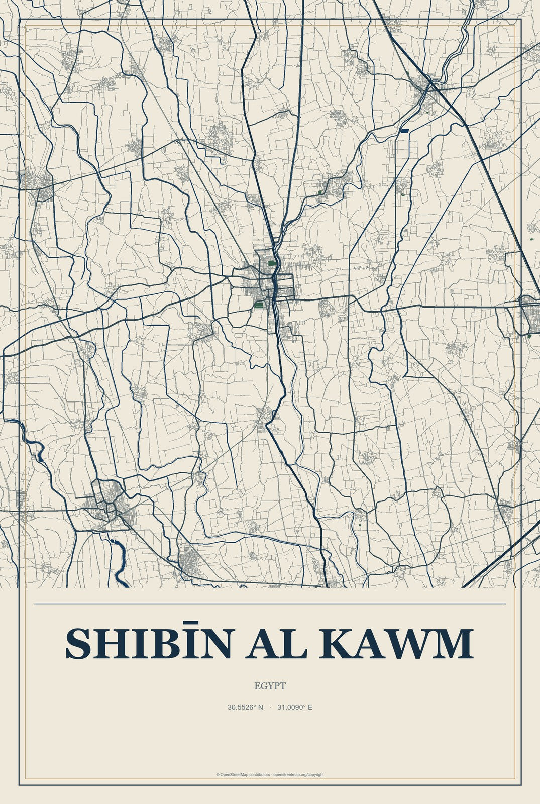 Shibīn al Kawm, Egypt City Map Aluminum Sign in Coastal Cutout style