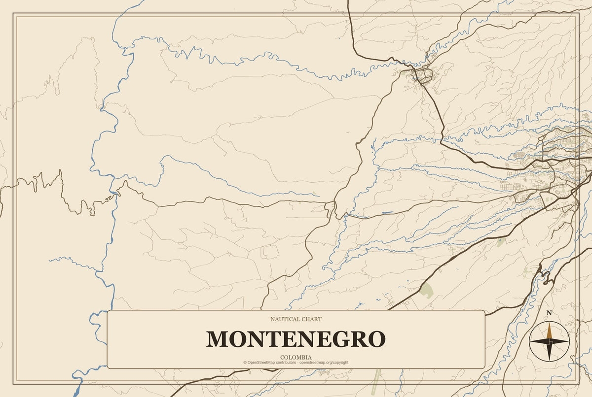 Montenegro, Colombia City Map Aluminum Sign in Heritage Nautical style