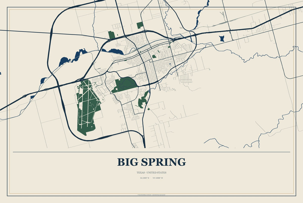 Big Spring, Texas City Map Aluminum Sign in Coastal Cutout style
