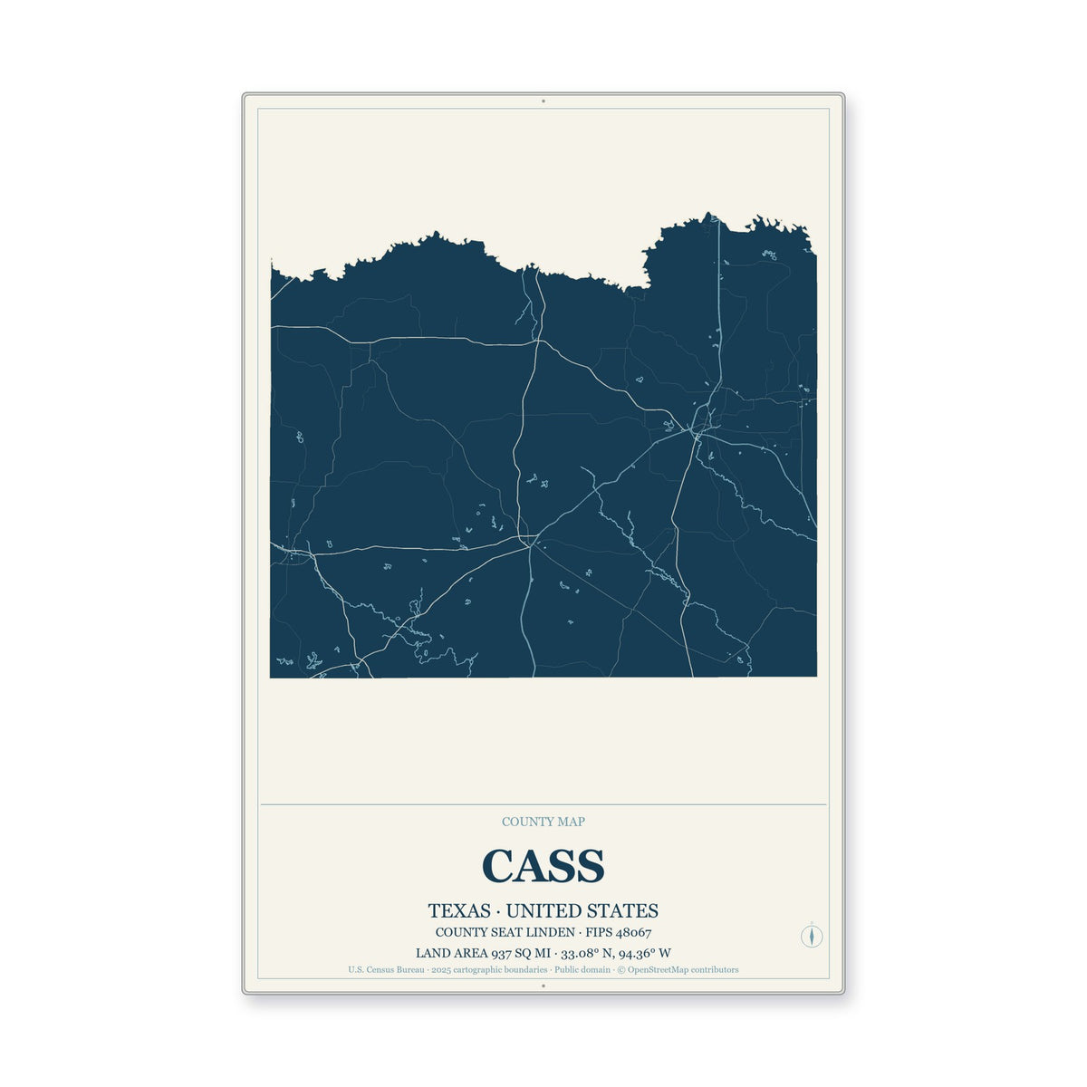 Cass County, Texas Map Aluminum Sign in Coastal Cutout style