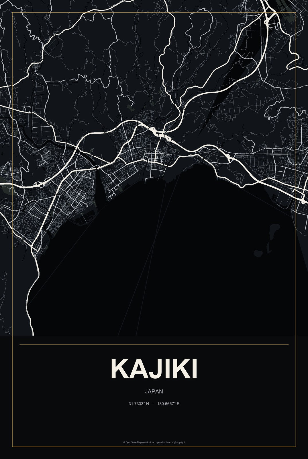 Kajiki, Japan City Map Aluminum Sign in Metropolitan Noir style