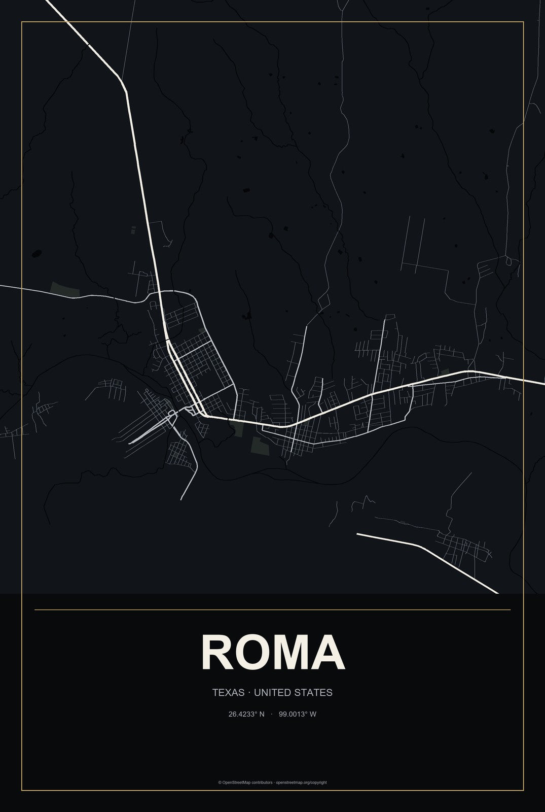 Roma, Texas City Map Aluminum Sign in Metropolitan Noir style