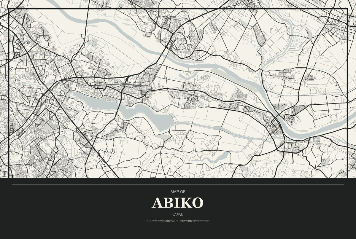 Abiko, Japan City Map Aluminum Sign in Museum Plaque style