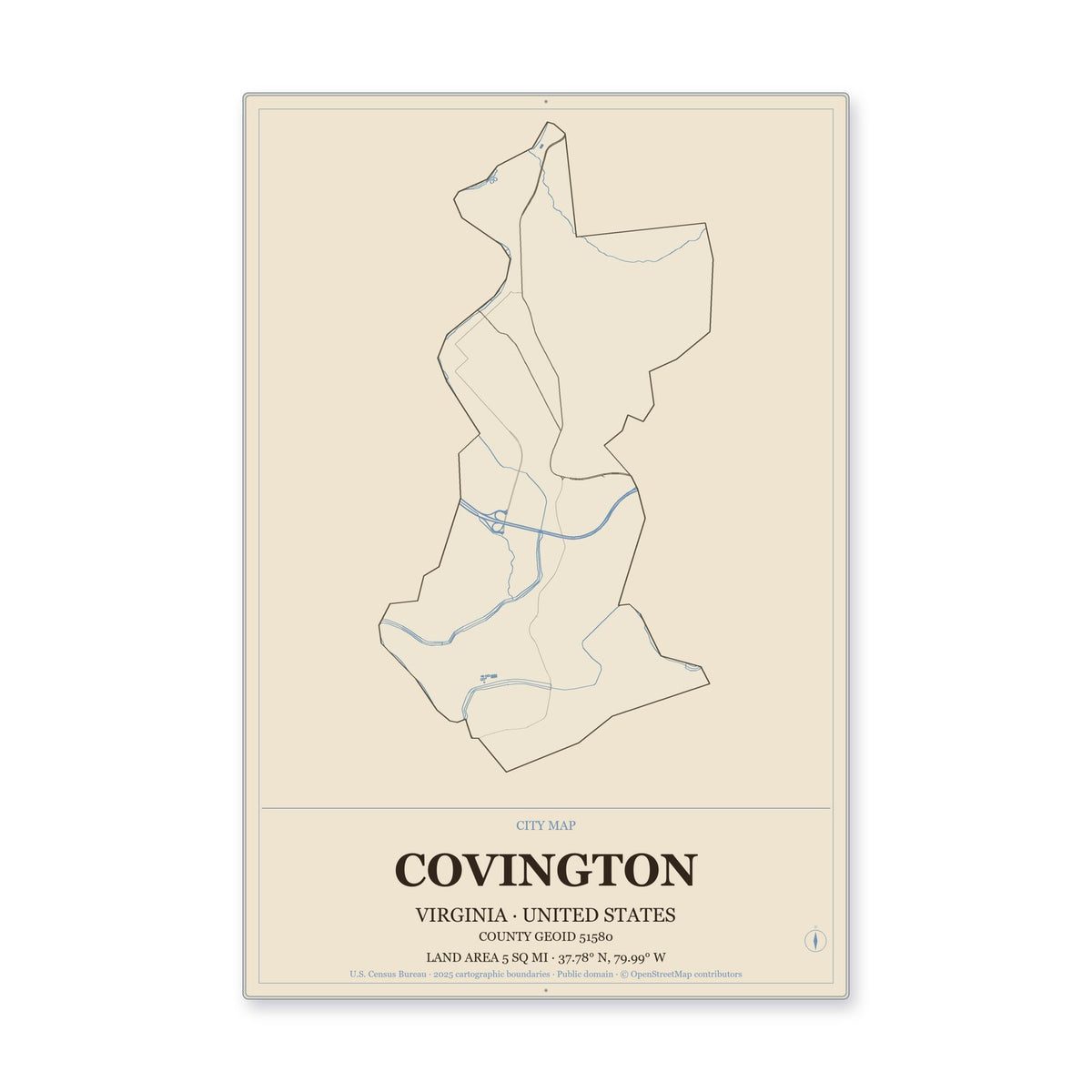 Covington city, Virginia Map Aluminum Sign in Heritage Nautical style