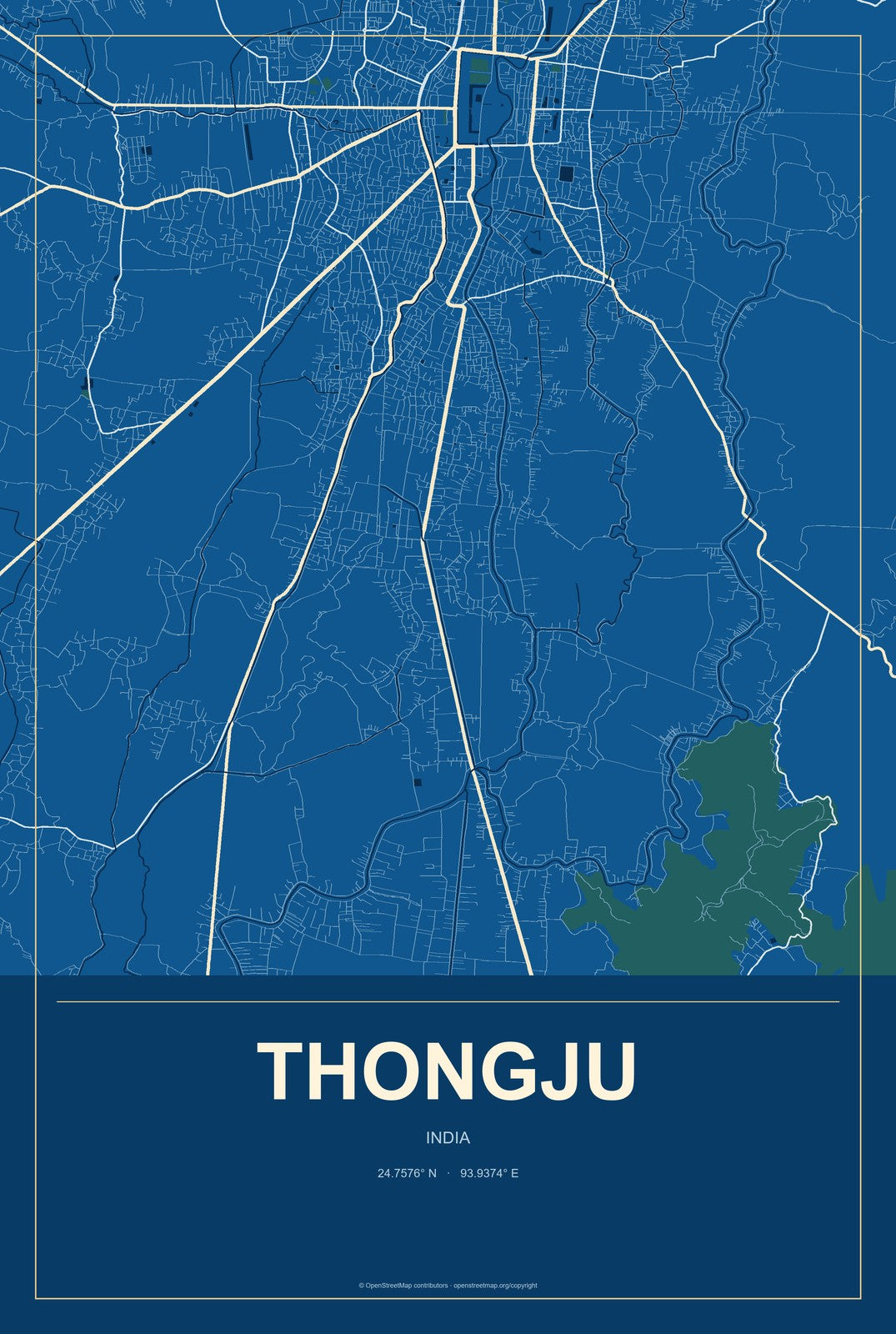 Thongju, India City Map Aluminum Sign in Harbor Cobalt style