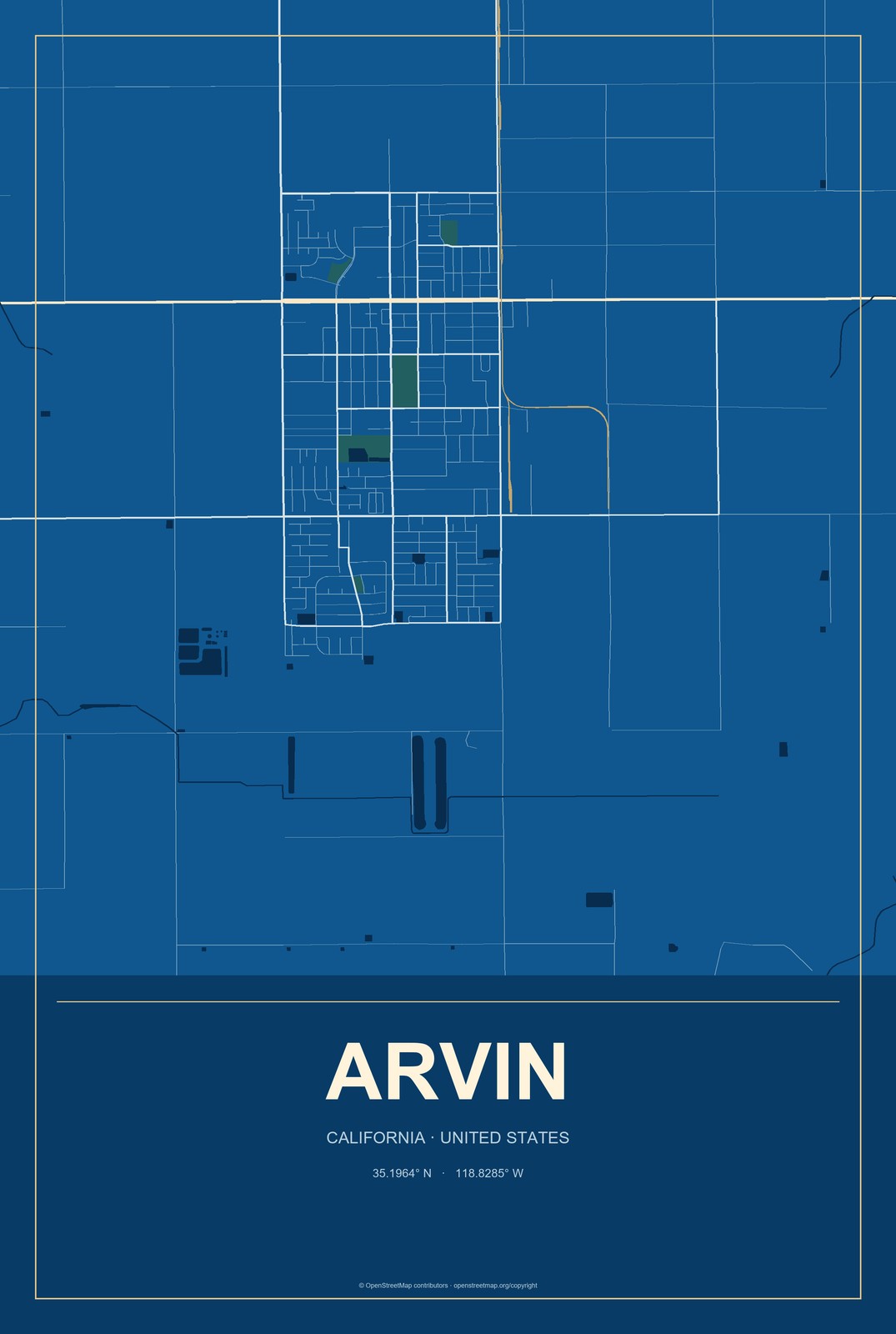 Arvin, California City Map Aluminum Sign in Harbor Cobalt style