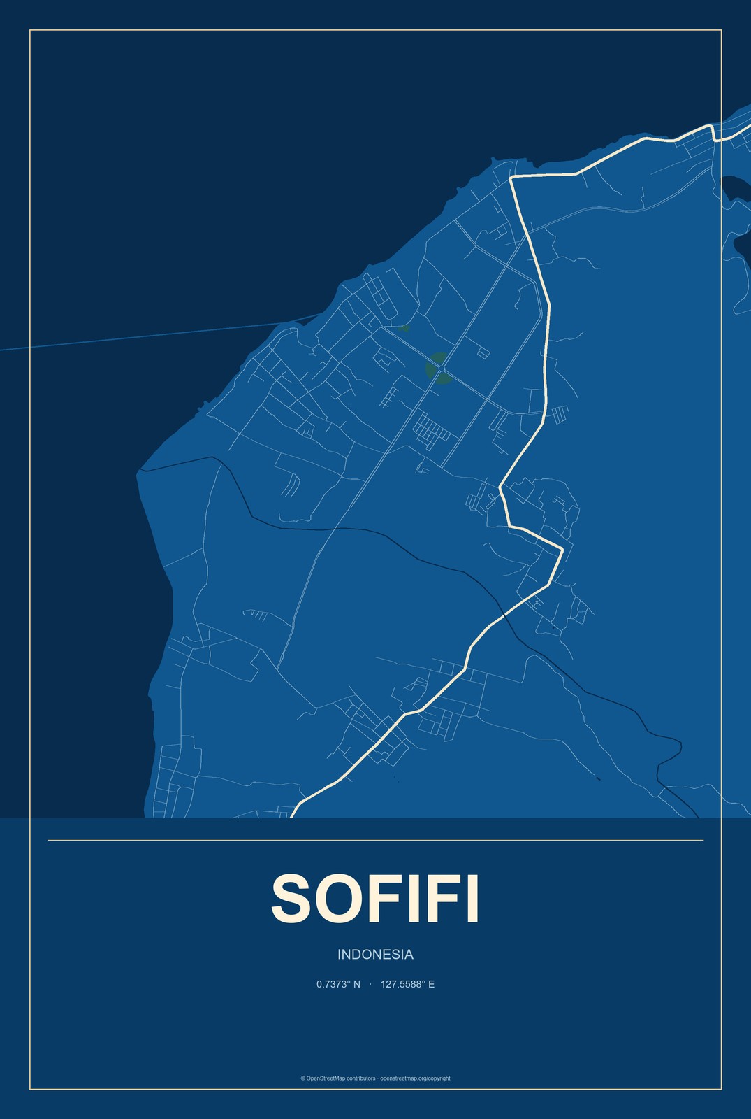 Sofifi, Indonesia City Map Aluminum Sign in Harbor Cobalt style