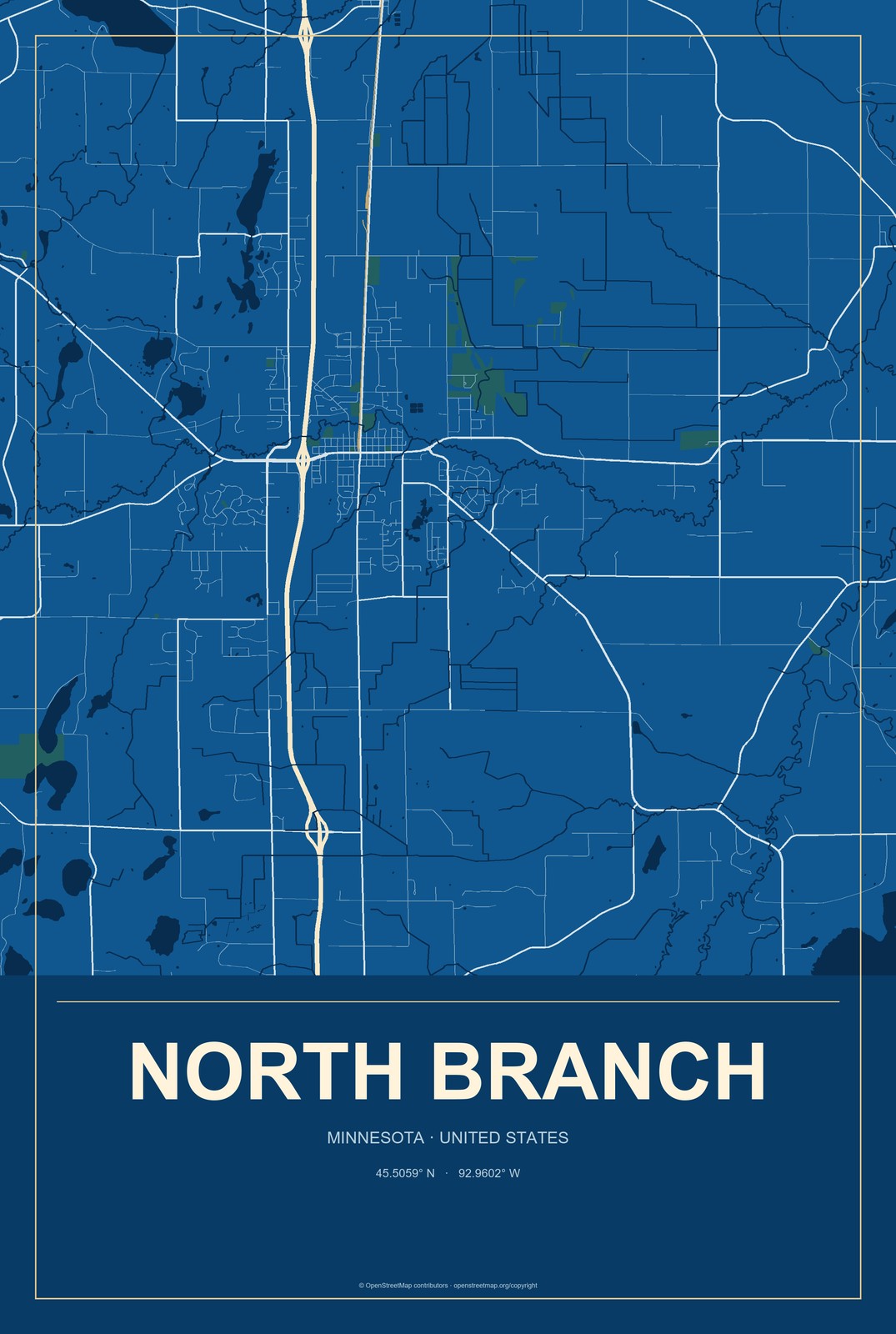 North Branch, Minnesota City Map Aluminum Sign in Harbor Cobalt style