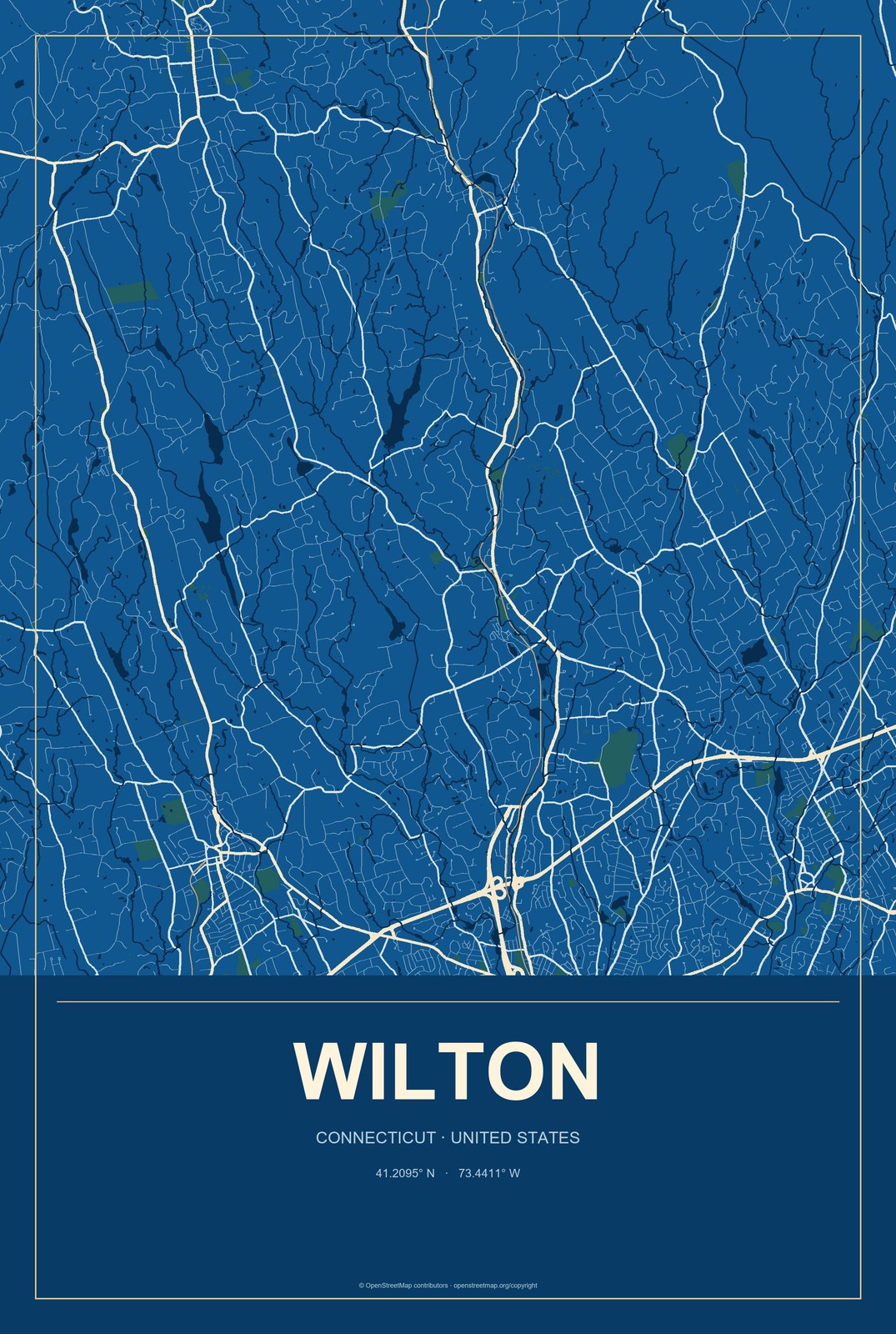 Wilton, Connecticut City Map Aluminum Sign in Harbor Cobalt style