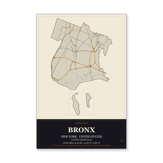 Bronx County, New York Map Aluminum Sign in Museum Plaque style