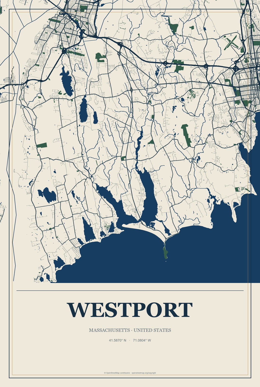 Westport, Massachusetts City Map Aluminum Sign in Coastal Cutout style