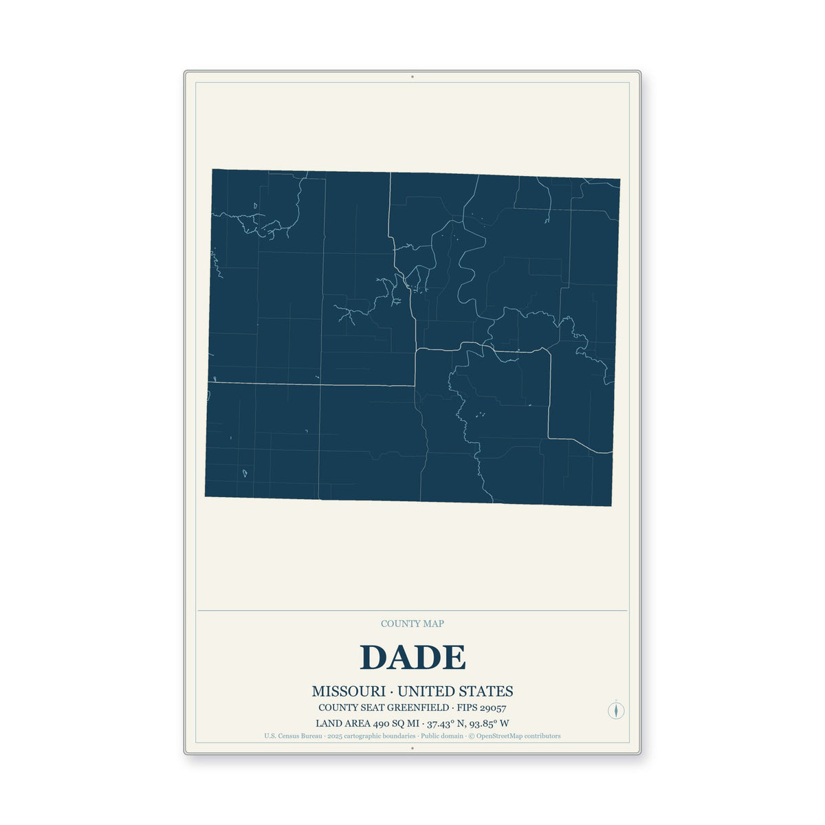 Dade County, Missouri Map Aluminum Sign in Coastal Cutout style