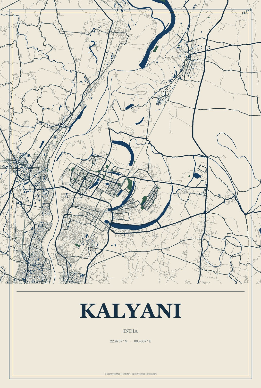 Kalyani, India City Map Aluminum Sign in Coastal Cutout style