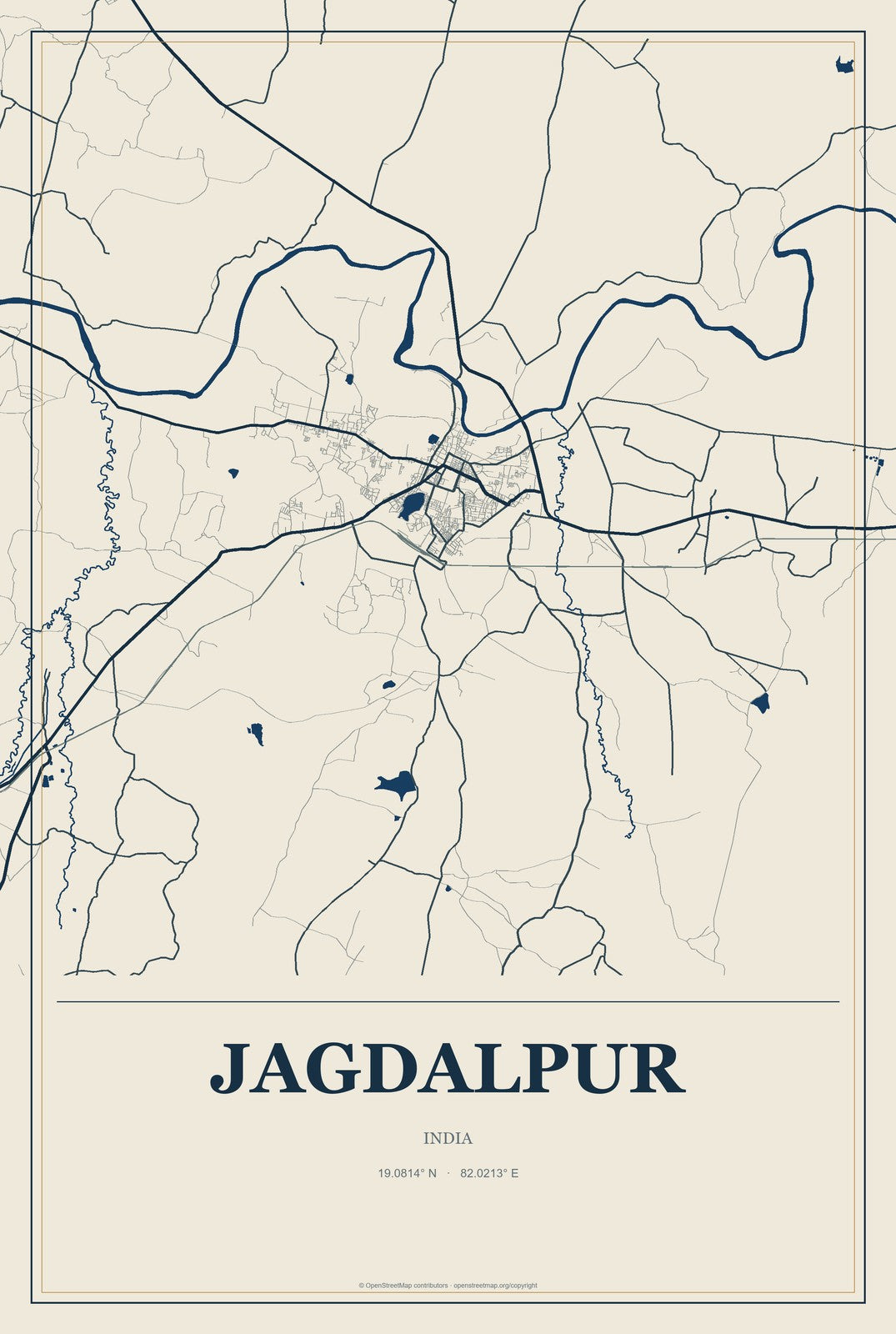 Jagdalpur, India City Map Aluminum Sign in Coastal Cutout style