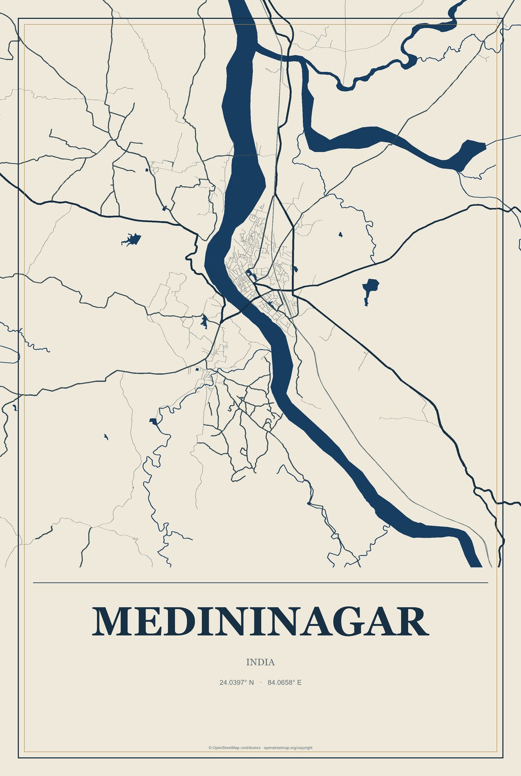 Medininagar, India City Map Aluminum Sign in Coastal Cutout style