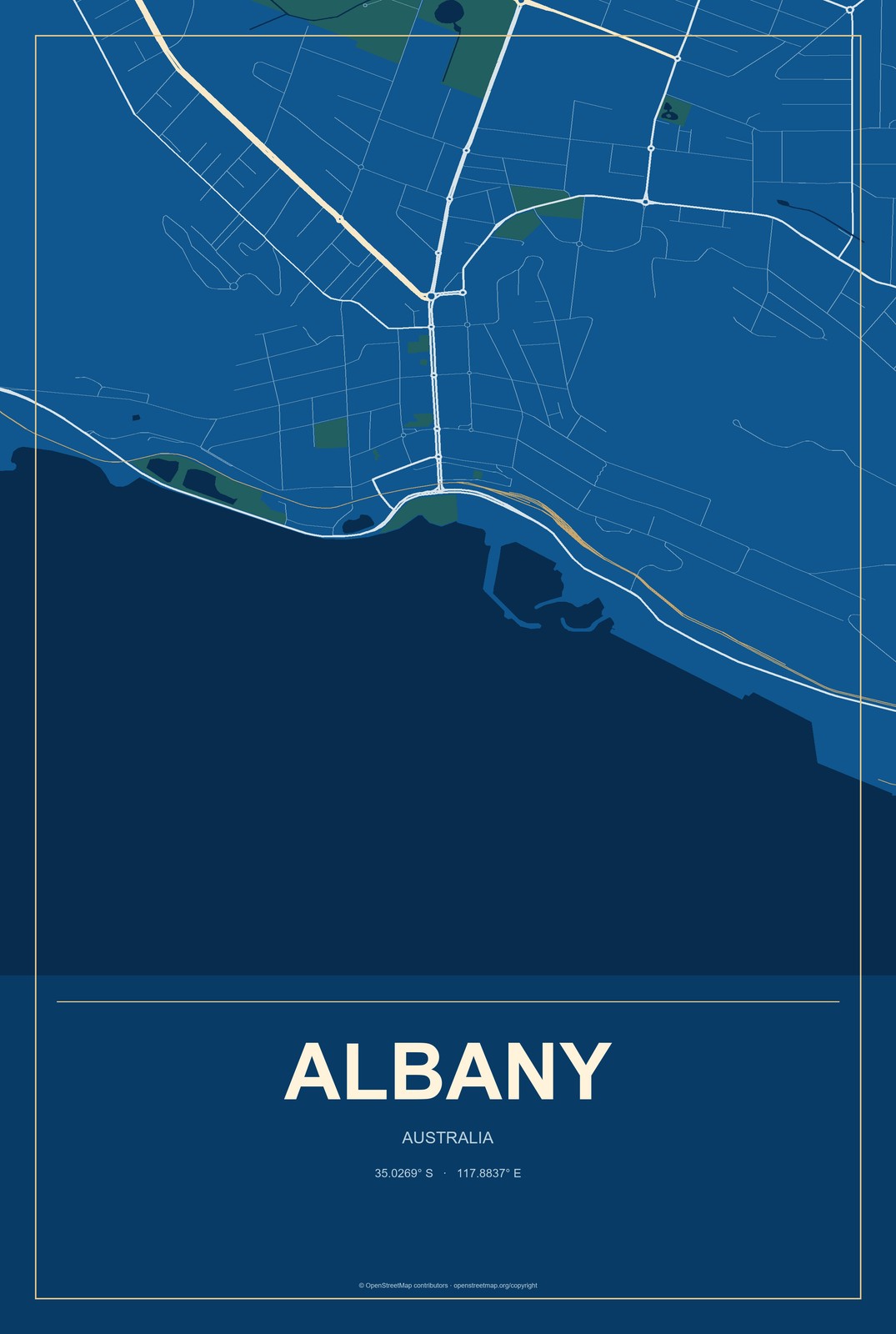 Albany, Australia City Map Aluminum Sign in Harbor Cobalt style