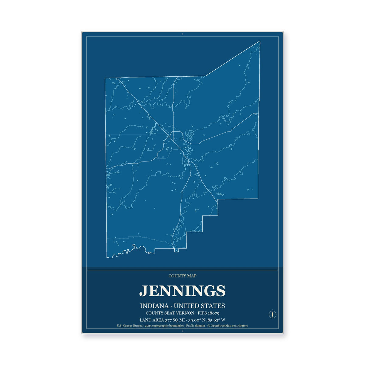 Jennings County, Indiana Map Aluminum Sign in Harbor Cobalt style
