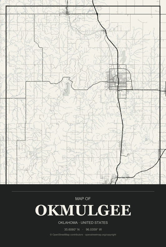 Okmulgee, Oklahoma City Map Aluminum Sign in Museum Plaque style
