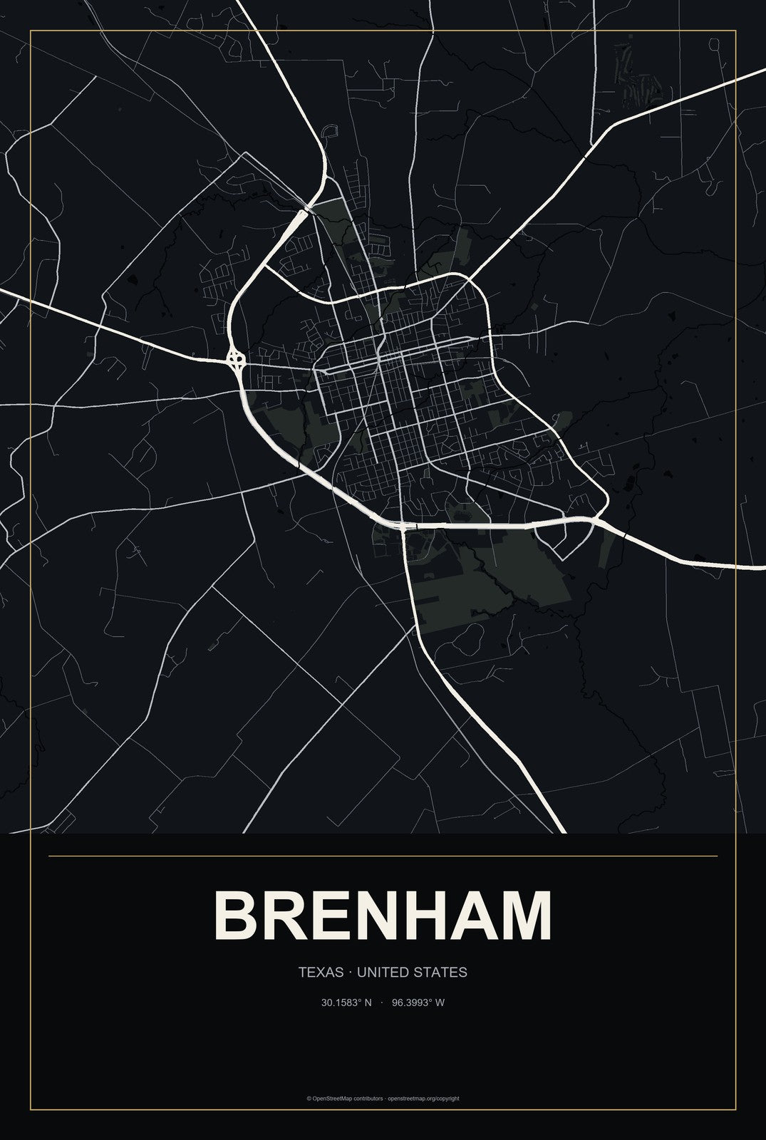 Brenham, Texas City Map Aluminum Sign in Metropolitan Noir style