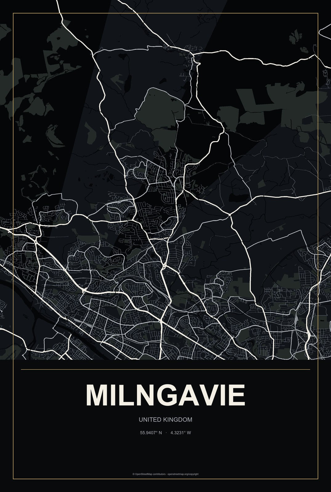 Milngavie, United Kingdom City Map Aluminum Sign in Metropolitan Noir style