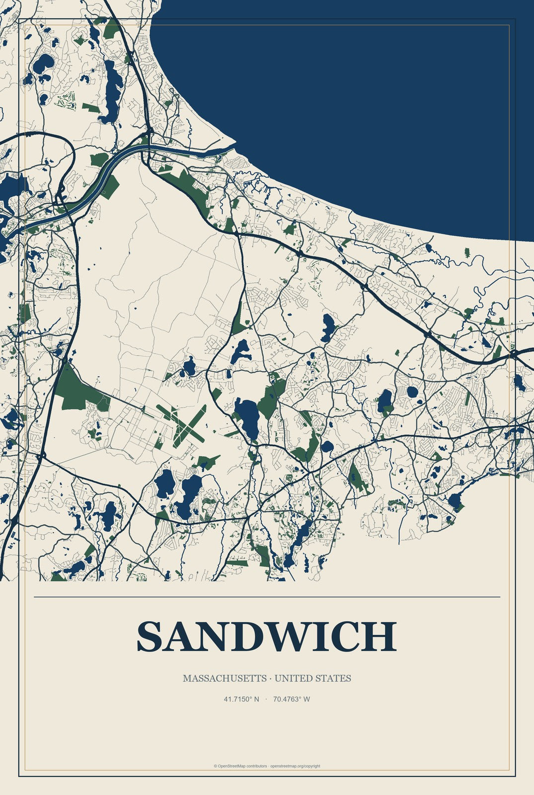 Sandwich, Massachusetts City Map Aluminum Sign in Coastal Cutout style