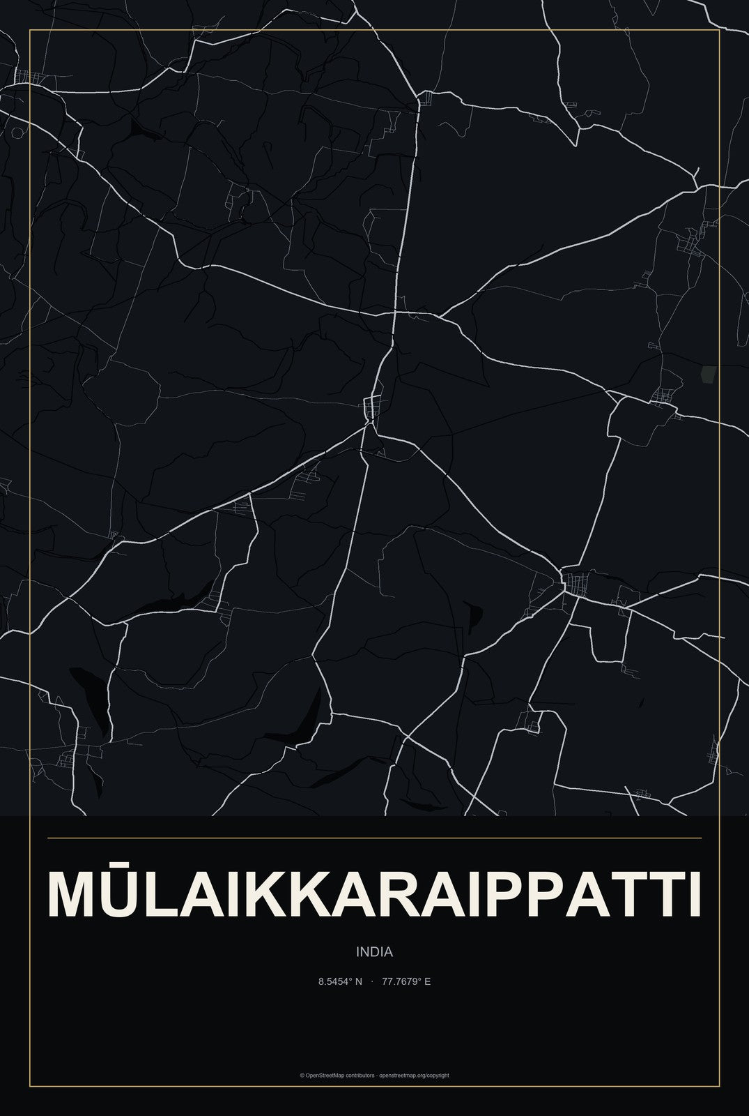 Mūlaikkaraippatti, India City Map Aluminum Sign in Metropolitan Noir style