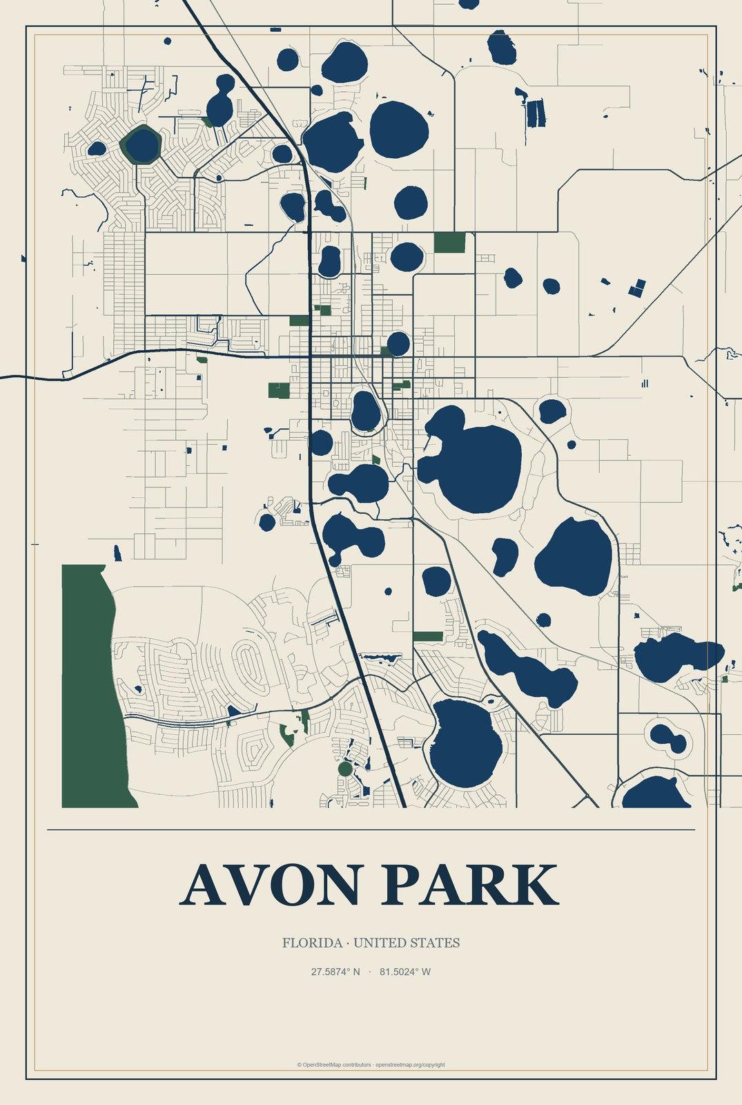 Avon Park, Florida City Map Aluminum Sign in Coastal Cutout style