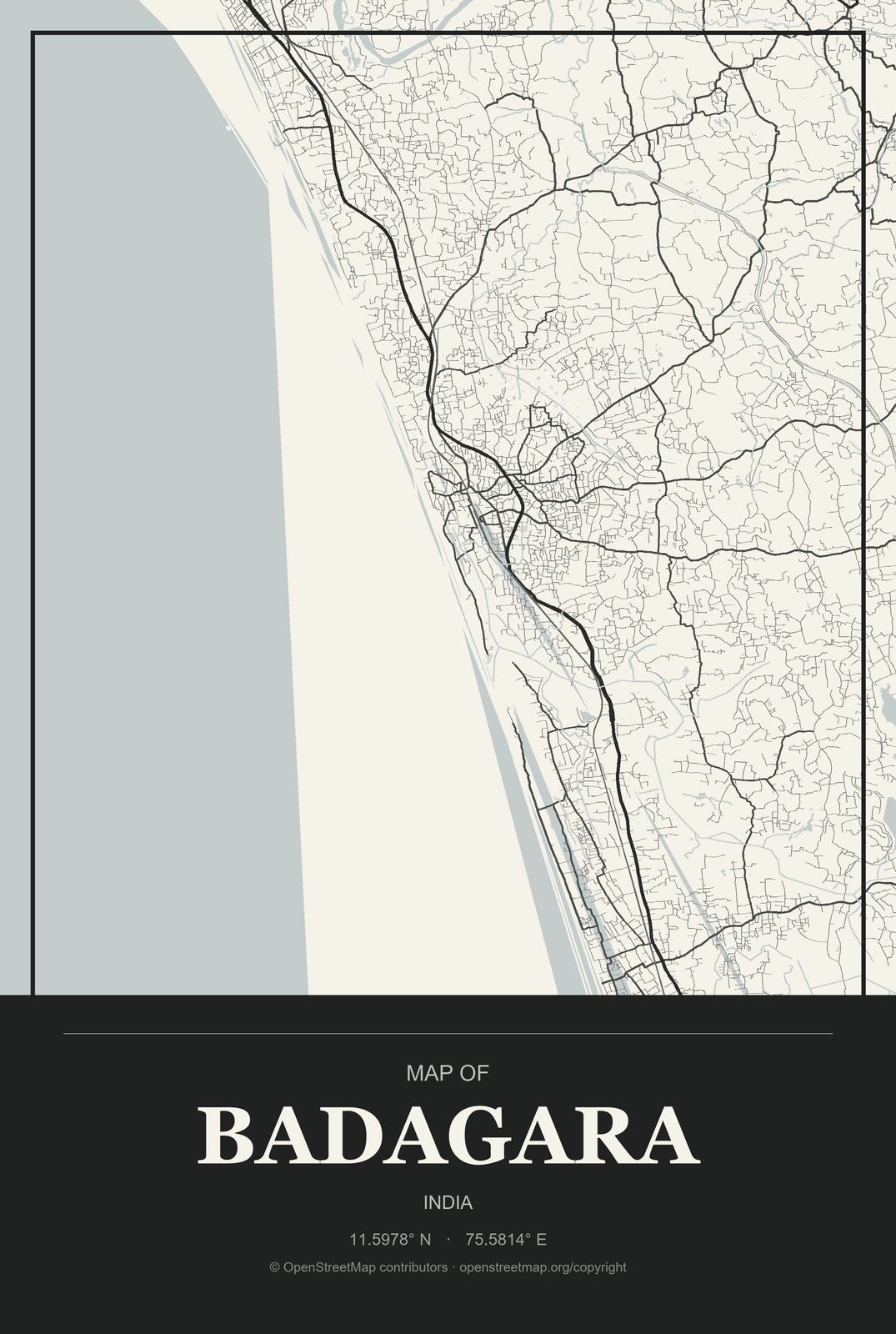 Badagara, India City Map Aluminum Sign in Museum Plaque style