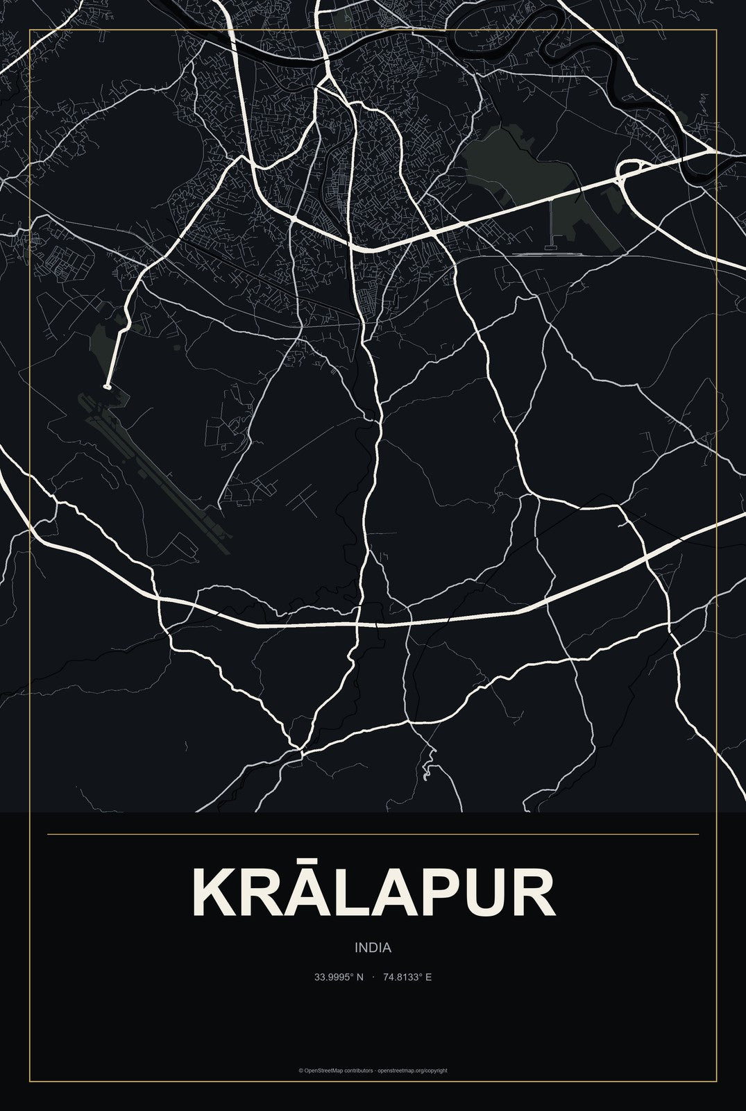 Krālapur, India City Map Aluminum Sign in Metropolitan Noir style