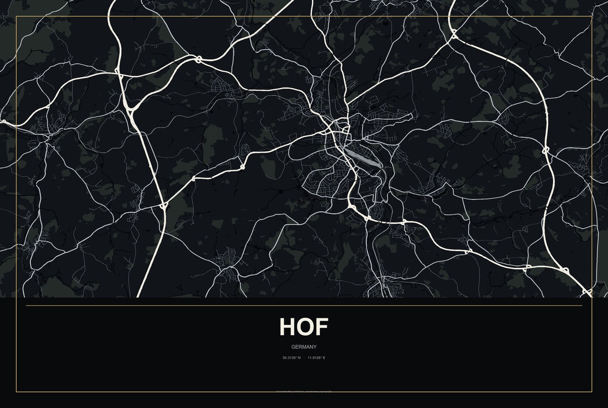 Hof, Germany City Map Aluminum Sign in Metropolitan Noir style