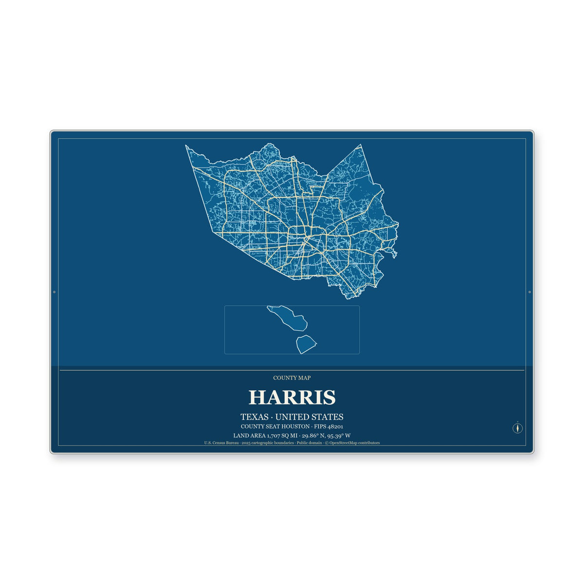 Harris County, Texas Map Aluminum Sign in Harbor Cobalt style